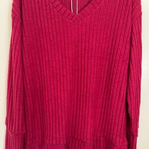 Wine Ribbed V-Neck Sweater